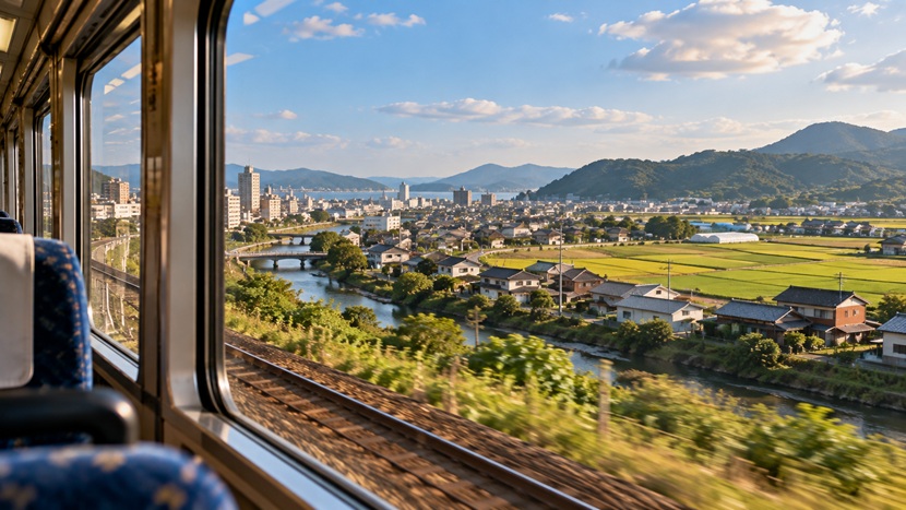福岡県内を走る列車の車窓から見える市街地と田園風景