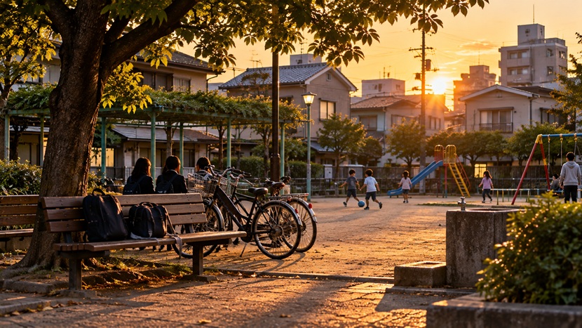 福岡の住宅街にある公園と地域の日常風景