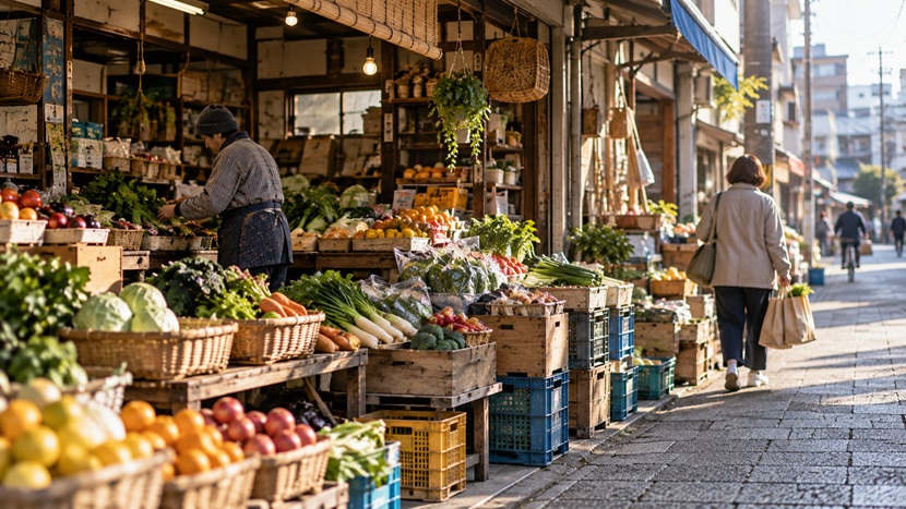 博多の青果店で買い物をする地元の人の日常風景