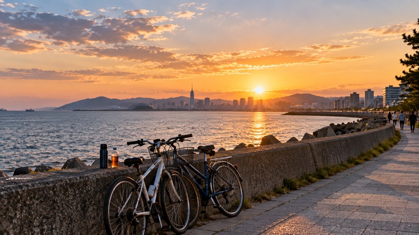 福岡の海沿いの遊歩道と夕暮れの穏やかな風景