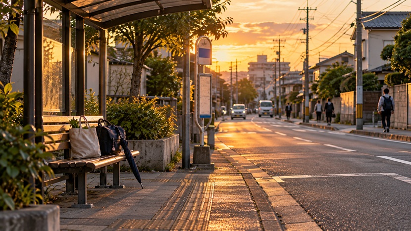 福岡の住宅街にある夕方のバス停と日常風景