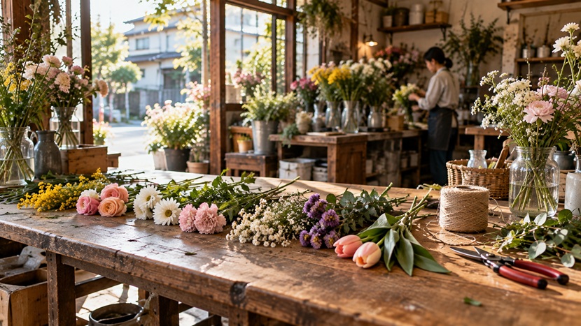福岡の花屋で種類の異なる花が並ぶ作業台