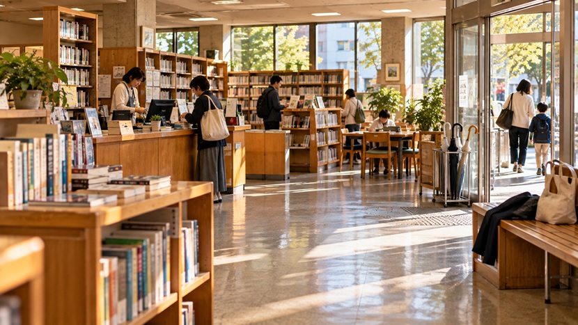 福岡の地域図書館で本を選ぶ人々と日常の風景
