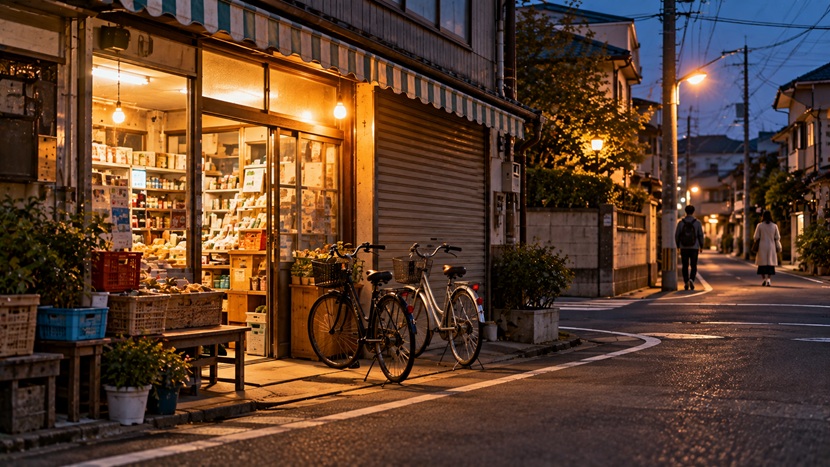 夜の福岡の住宅街で別れ際を迎える二人と商店の灯り