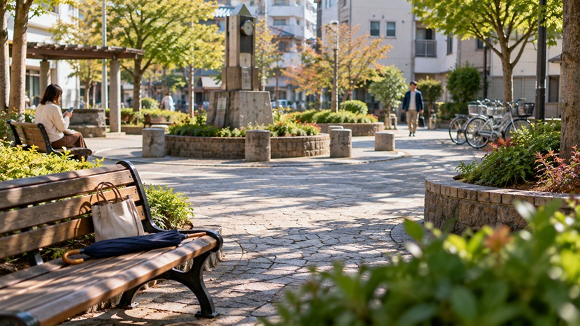 街中の小さな広場で待ち合わせをする人と博多弁の日常会話をイメージした風景