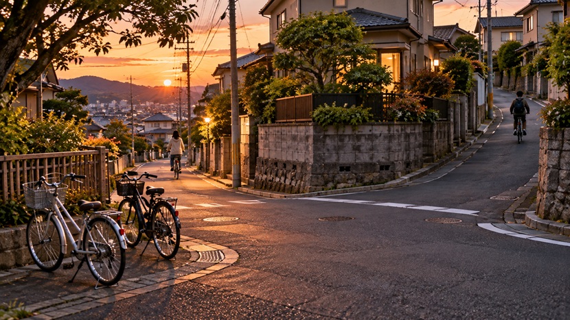 夕暮れの住宅街の交差点で別々の方向へ帰る友人と博多弁の日常会話をイメージした風景