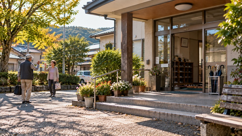 地域の公民館前で久しぶりに再会した知人同士と博多弁の挨拶をイメージした風景