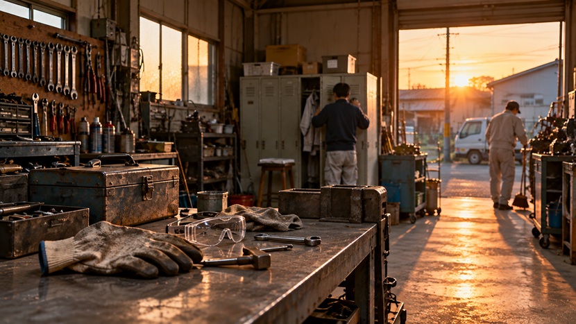 夕方の町工場で仕事を終える人たちとお疲れさまなど博多弁の挨拶をイメージした風景