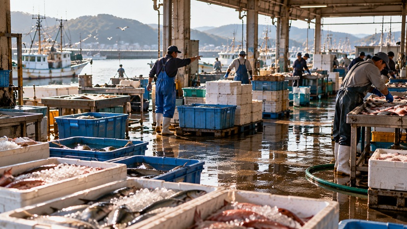 福岡の魚市場で離れた相手へ声を掛ける様子と博多弁の語尾ばいをイメージした風景
