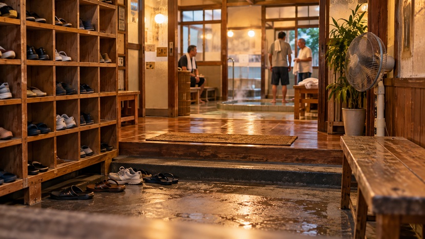 地域の共同浴場で人々が立ち話をする様子と日常会話で使われる博多弁の語尾をイメージした風景