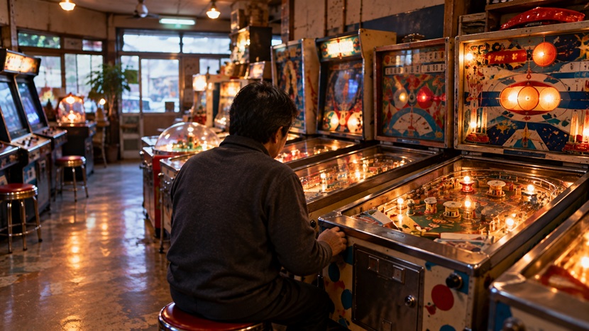 昔ながらのゲーム機で結果を確認する様子から博多弁クイズ30問の正解数チェックをイメージした風景