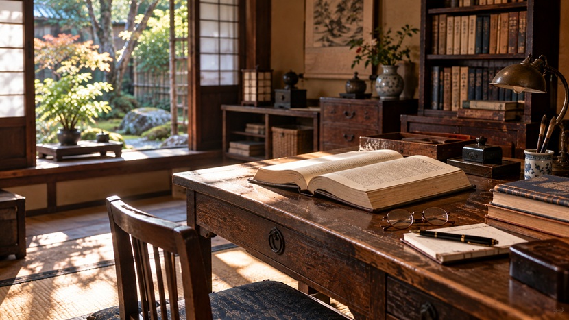 古い日本語の書物と国語辞典が並ぶ書斎でことわざの意味を調べる風景