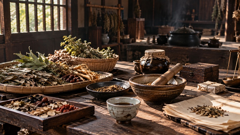 伊達政宗が幼少期に患った天然痘と戦国時代の医療をイメージした薬草や薬碗