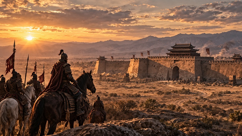 独眼竜の由来となった中国唐末の武将李克用と北方の城塞をイメージした風景