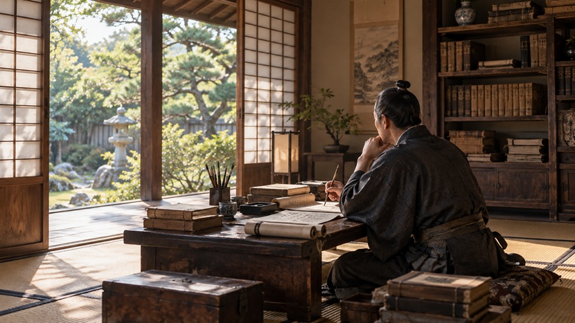 伊達政宗を独眼龍と詠んだ頼山陽の漢詩執筆をイメージした江戸時代後期の書斎