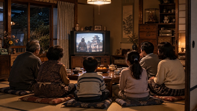 1987年のNHK大河ドラマ独眼竜政宗を家庭で楽しむ様子をイメージした昭和の居間