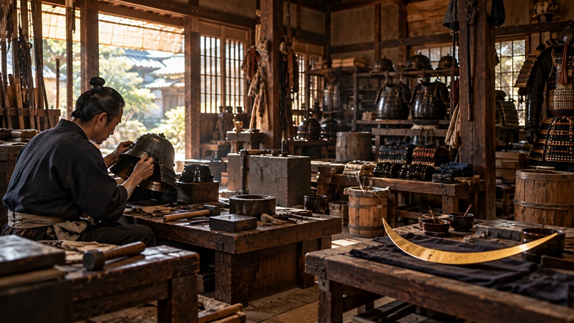 伊達政宗の兜に使われた甲冑製作技術をイメージした戦国時代の職人工房