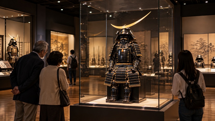 伊達政宗の三日月の兜を参考にした甲冑の複製品を博物館で見学する来館者