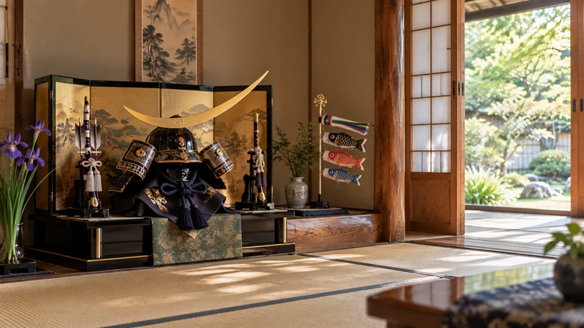 伊達政宗の金色の三日月の兜をモチーフにした五月人形が飾られた和室