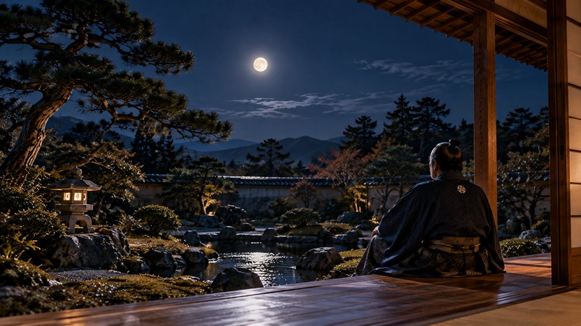 伊達政宗の辞世の句に込められた月の意味をイメージした晩年の武将と月夜の庭園