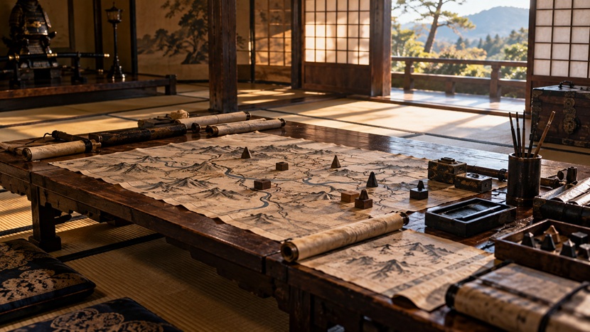 伊達政宗の戦い方で重要だった調略や外交を象徴する戦国時代の軍議の机と絵図