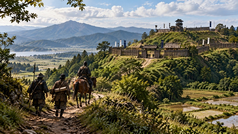 戦国時代の猪苗代地方にある山城へ向かう騎馬武者と使者の風景