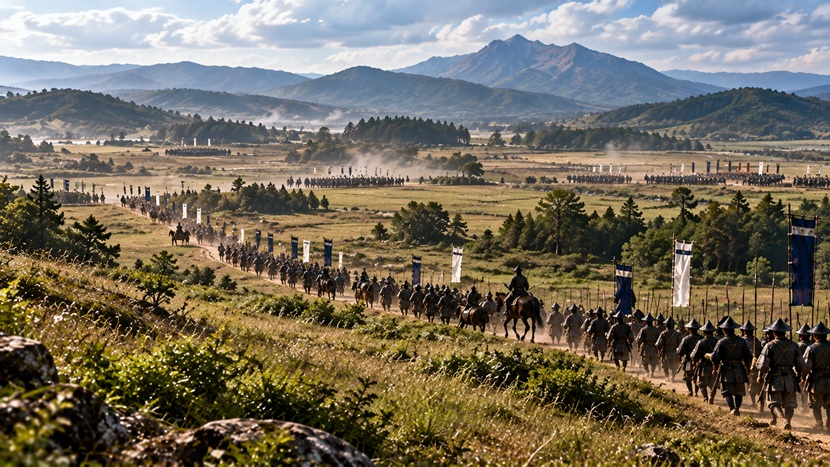 摺上原の戦いをイメージした広い平原を進軍する戦国時代の足軽部隊