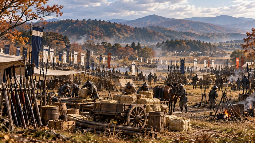 戦国時代の佐竹氏らの連合軍が出陣準備を進める晩秋の野営地