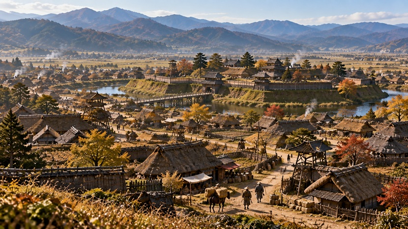 1584年ごろの米沢城と周辺の城下町を想像した戦国時代の風景