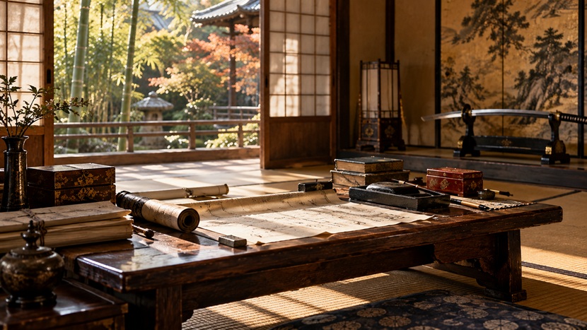 伊達政宗と豊臣秀吉の政治的な関係を象徴する戦国時代の書状と文机の風景