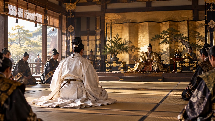 伊達政宗が白装束を着て豊臣秀吉と対面したという伝承を想像した場面
