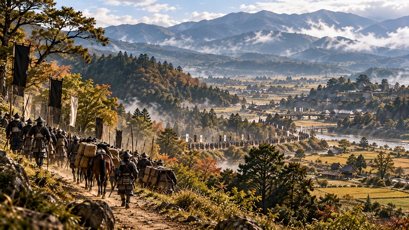 1600年の奥州で山間の街道を進む戦国武士の軍勢を再現した風景