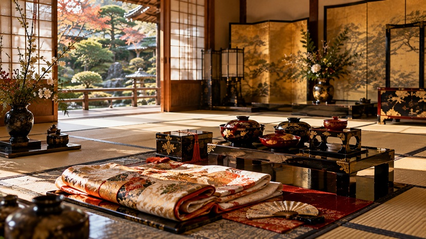 江戸時代初期の武家屋敷に並ぶ婚礼用の漆器や織物を再現した室内風景