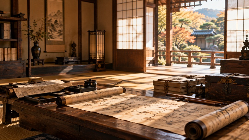 江戸時代の書斎に置かれた古い巻物と家系図をイメージした和紙の資料