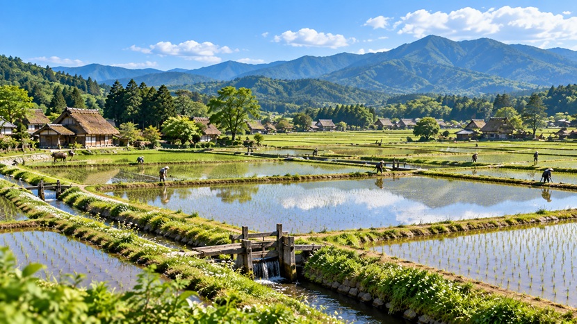 江戸時代初期の仙台藩をイメージした水田と用水路が広がる農村風景