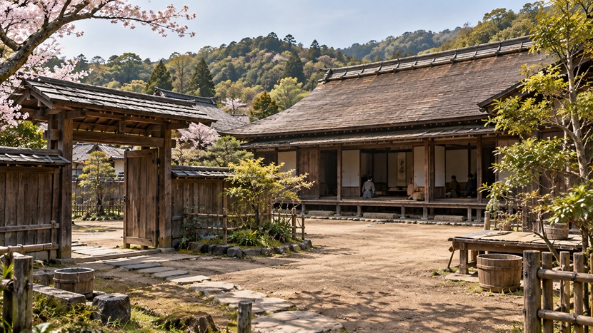 鎌倉時代の武家屋敷をイメージした木造建築と静かな庭の風景
