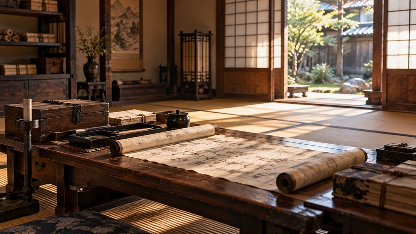 戦国時代の武家の書斎に置かれた巻物と筆や硯の風景