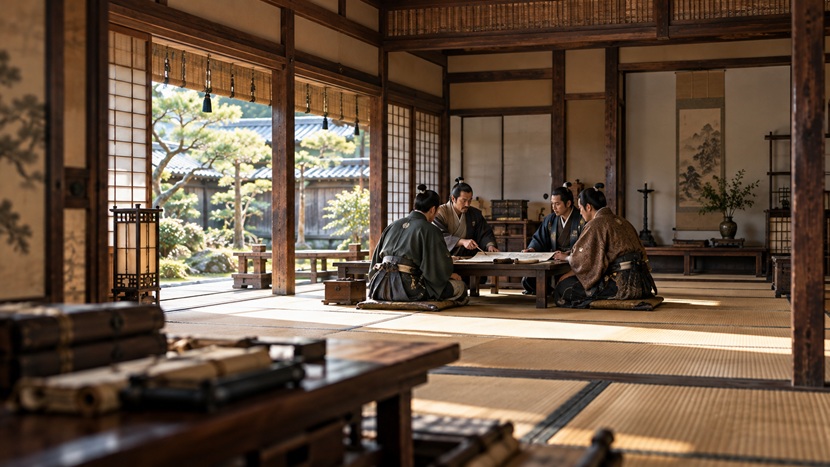 室町時代の武家屋敷で文書を確認する武士たちと北条早雲の若いころをイメージした風景
