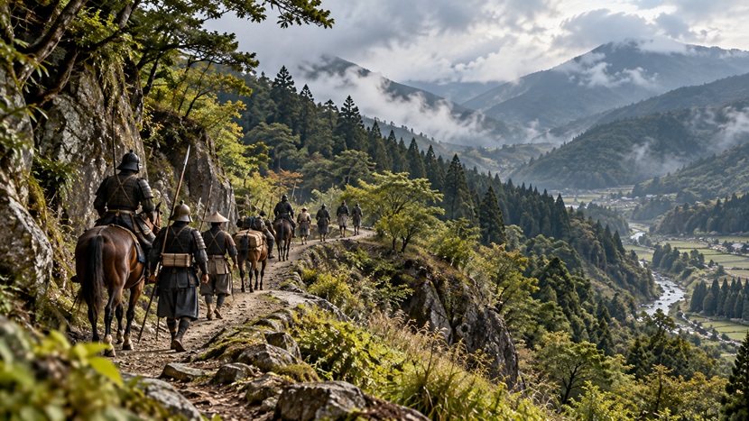 1493年の北条早雲による伊豆進出をイメージした山道を進む武士の一団