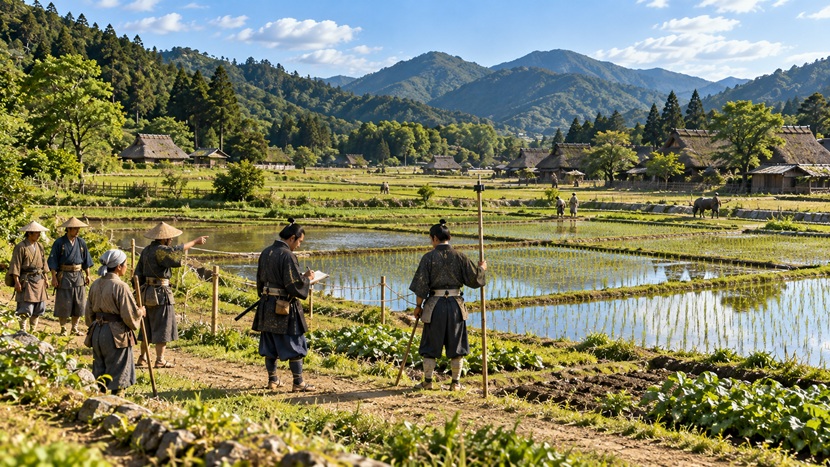 北条早雲の領国経営をイメージした戦国時代の相模国で田畑を調べる武士と農民