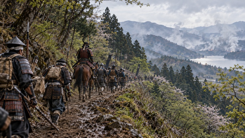 1583年の賤ヶ岳の戦いで戦場から撤退する前田利家の軍勢を表現した風景