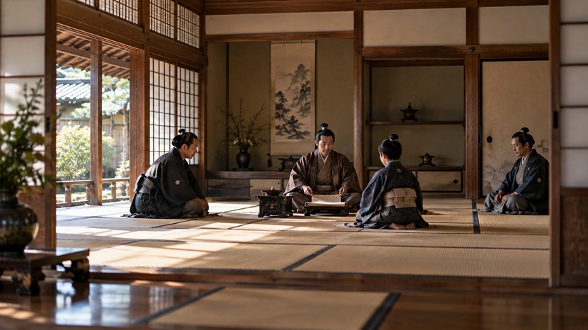 江戸時代初期の武家屋敷で前田利長から利常への家督継承をイメージした座敷の風景