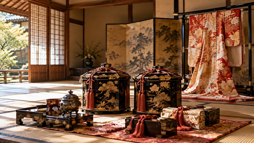 豪姫と宇喜多秀家の結婚をイメージした安土桃山時代の貝桶と婚礼用小袖