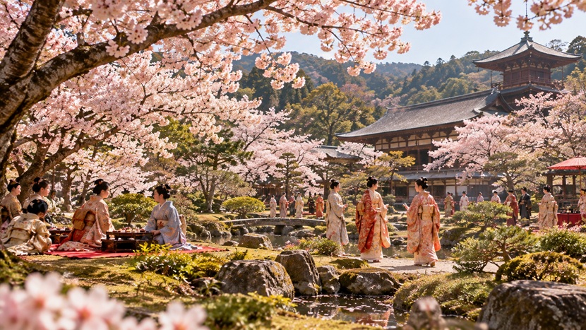 1598年の醍醐の花見をイメージした満開の桜と桃山時代の女性たち