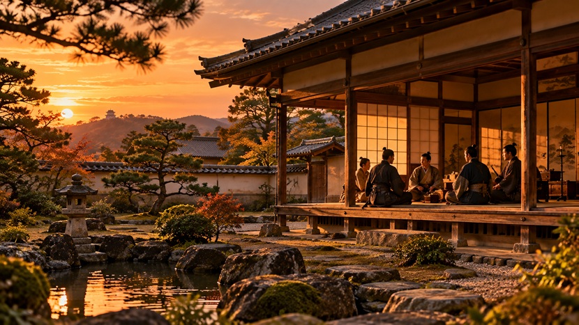 戦国時代の武家屋敷で若い武士たちが交流する様子をイメージした風景