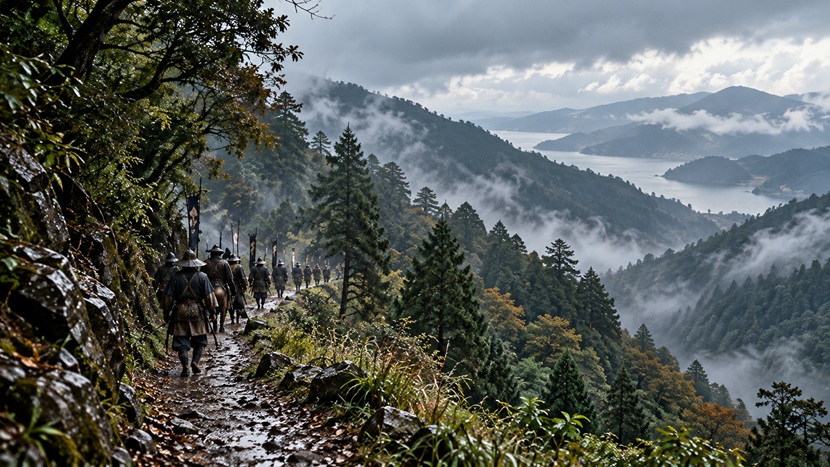 賤ヶ岳の戦いを背景に山道を移動する武士たちをイメージした風景