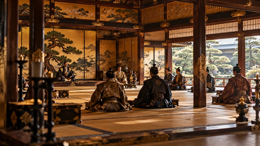 豊臣政権の有力大名たちが城の大広間に集う様子をイメージした風景