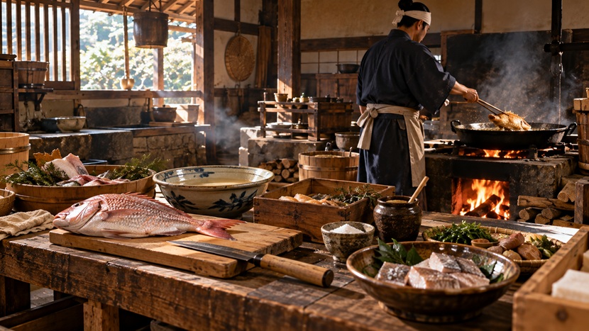 江戸時代初期の台所で鯛を油で揚げる料理人の様子