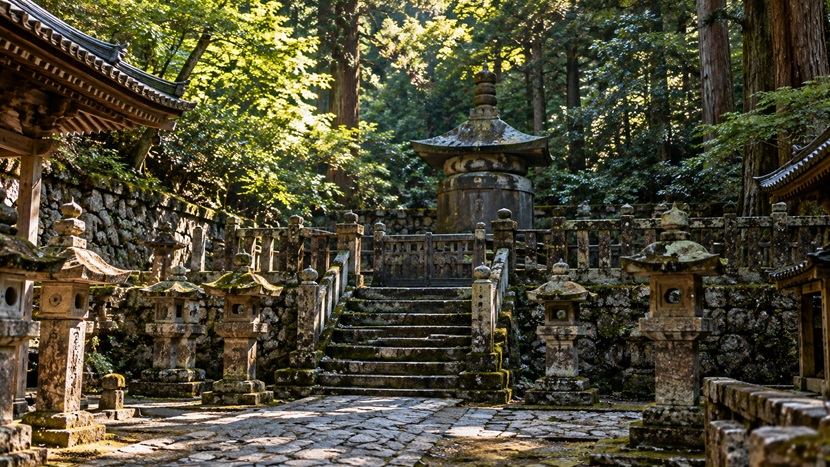 緑豊かな木々に囲まれた久能山東照宮の徳川家康神廟をイメージした風景