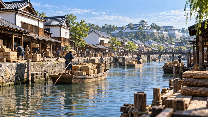 江戸時代初期の水路を行き交う舟と町づくりが進む城下町の風景
